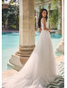 V Neck Beaded Ivory Tulle Luxurious Wedding Dress